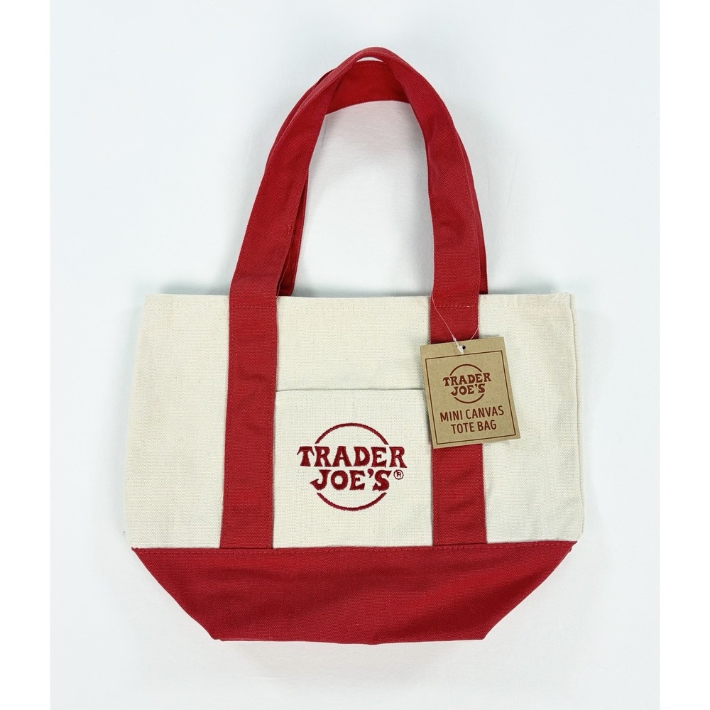 Trader Joe's Mini Canvas Tote Bag Red Off White Grocery Shopping Handbag NWT